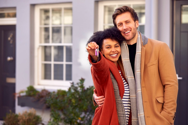 A smiling couple standing outdoors as the woman holds up a set of keys to their new home